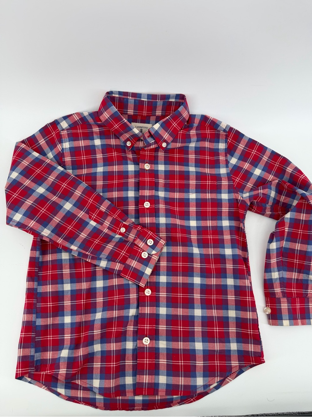 Lands' End Kids Red, Blue  & White Plaid Button-Down Shirt